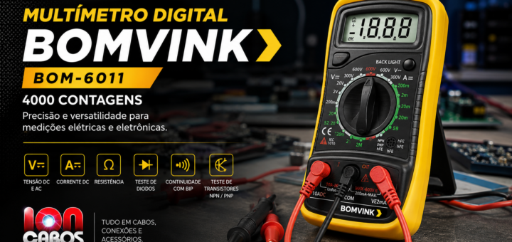 Alt-text: Multímetro Digital Bomvink BOM-6011 amarelo e preto em bancada de eletrônica, com display LCD, 4000 contagens e pontas de prova, acompanhado da identidade visual da Ion Cabos.